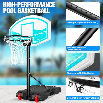 SPOYNAL Pool Basketball Hoop 7-Height Adjustable Swimming Pool Basketball with LED Light, 2 Balls & Pump, Portable Water Basketball Goals System