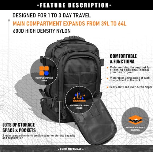 Miramrax Tactical Backpack Military Hiking Daypack - Molle Backpack for Men 3 Day Assault Pack Bug Out Bag for Camping Travel Army Hunting Gym Rucksack Survival (Black) - color: Black