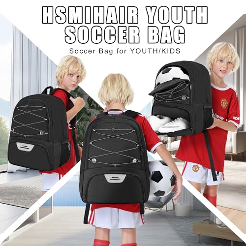 Hsmihair Youth Soccer Bag-Soccer Backpack&Backpack for Football Basketball,with Ball Compartment Separate Cleat Package - color: Black