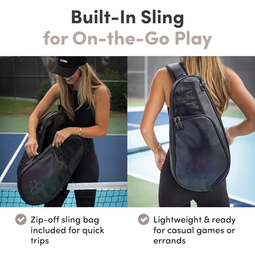 CRBN Pickleball - Pro Team Tour Pickleball Paddle Bag with Built-In Zip-Off Sling Bag - Padded Side Pockets for 6 Paddles, Shoes & More - color: Black/Pearl