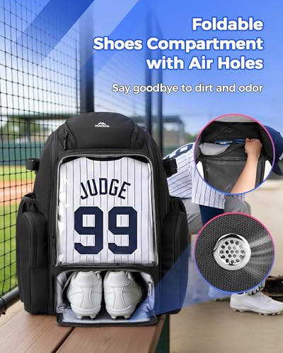 MATEIN PRO Youth Baseball Backpack for 4 Bats with Collapsible Shoes Compartment, Water-Resistant Large Boys Baseball Bat Bag with Clear Display Pocket & Insulated Beverage Pocket Holds Glove, Helmet - color: Black