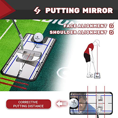 SAPLIZE Golf Putting Mat with Alignment Mirror, Two-Speed Golf Practice Mat, 20 in x 10 ft Indoor Outdoor Putting Green with Anti-Slip Backing