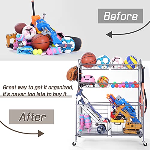 Ball Organizer for Garage, Steel Sport Equipment Organizer with Baseball Bat Holder and Hooks, Easy Assembly Storage for Balls, Kids' Toys, and Workout Gear in Basement, Home Gym, Outdoor