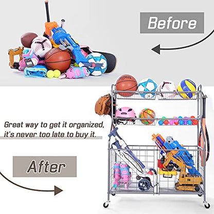 Ball Organizer for Garage, Steel Sport Equipment Organizer with Baseball Bat Holder and Hooks, Easy Assembly Storage for Balls, Kids' Toys, and Workout Gear in Basement, Home Gym, Outdoor
