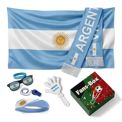 Soccer Fan Gear Set 2026-7 Piece Game Day Kit with Flag, Scarf, Glasses, Whistle, Clapper, Wristband & Headband in Gift Box - Watch Party & Stadium Essentials for Argentina - color: Argentina