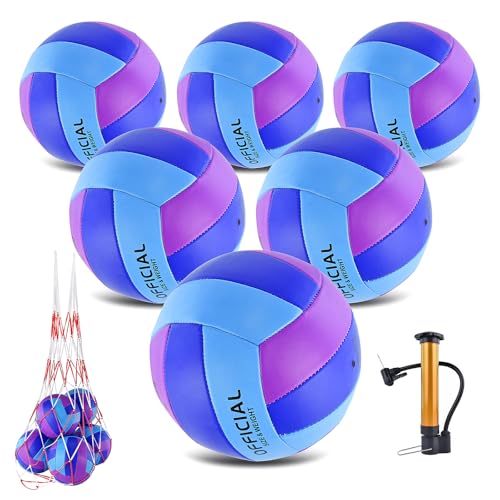 6 Pack Volleyballs Official Size 5, Soft Bulk Recreational Volley Balls with Pump and Net Bag for Indoor Outdoor Beach Pool Water Sand Game Training Match for Beginner - color: Purple Blue