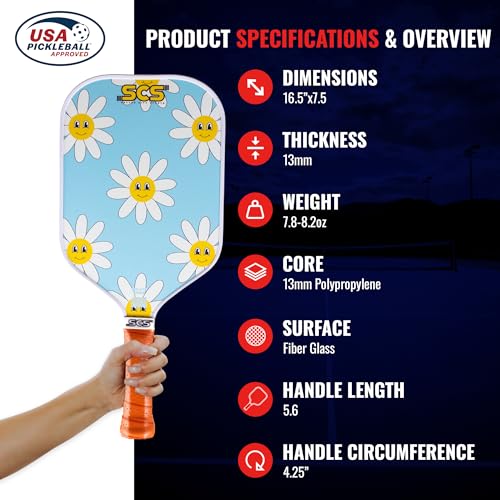 SCS Carbon Fiber Pickleball Paddle – USAPA Approved 2024 – Lightweight, Enhanced Spin, Sure-Grip Handle – Evo-Lite Series for Intermediate Players - color: Joyful Petal