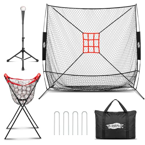 7×7FT Baseball Net with Batting Tee & Ball Caddy Holds 100+ Balls, Height Adjustable 27"-43" for All Players,Baseball & Softball Training Set for Hitting,Pitching,Included Carry Bag, 4 Ground Stakes