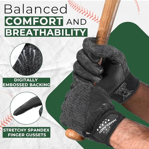 HANDLANDY Baseball Batting Gloves for Adult Youth, Grip Breathable Softball Batting Gloves Fit Men Kids Boys Girls - color: Raven Black-Adult, size: Adult X-Large