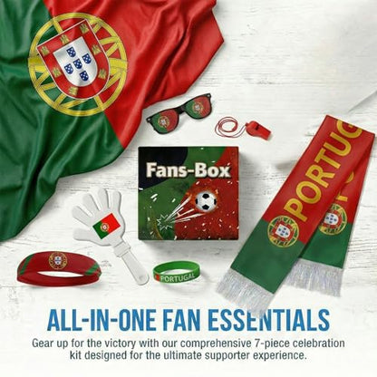 Soccer Fan Gear Set 2026-7 Piece Game Day Kit with Flag, Scarf, Glasses, Whistle, Clapper, Wristband & Headband in Gift Box - Watch Party & Stadium Essentials for Portugal - color: Portugal