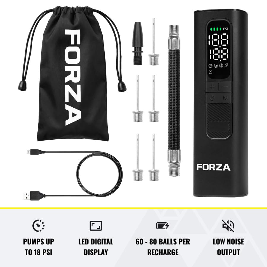 FORZA Digital Ball Pump │Rechargeable Electric Air Pump with LED Torch | Portable Sports Ball Inflator with Needles, Flex Hose, USB Charging Cable and Carry Case - style: Digital Ball Pump