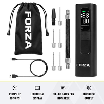 FORZA Digital Ball Pump │Rechargeable Electric Air Pump with LED Torch | Portable Sports Ball Inflator with Needles, Flex Hose, USB Charging Cable and Carry Case - style: Digital Ball Pump