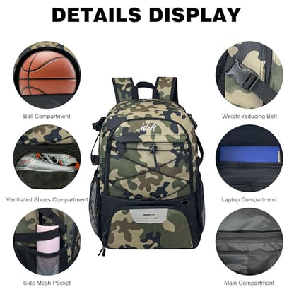 WOLT Basketball Backpack Large Sports Bag with Separate Ball Holder & Shoes Compartment, Best for Basketball, Soccer,Gym - color: camo green