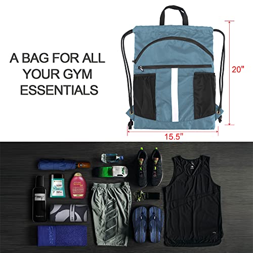 BeeGreen Drawstring Backpack Bag with Shoe Compartment, X-Large Black Gym Sports String Cinch Backpack - color: Haze Blue