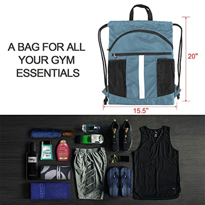 BeeGreen Drawstring Backpack Bag with Shoe Compartment, X-Large Black Gym Sports String Cinch Backpack - color: Haze Blue