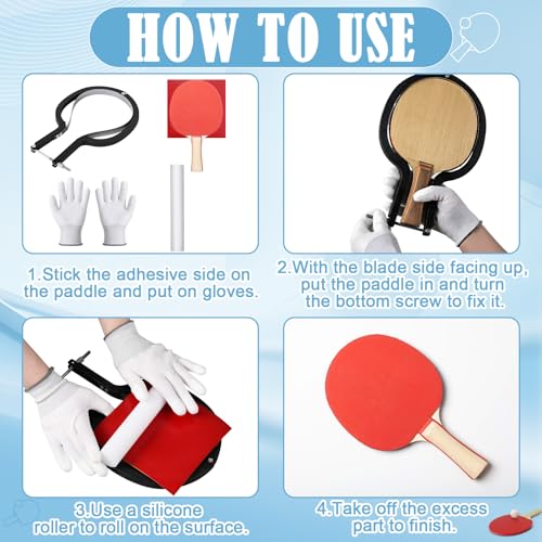 4pcs Table Tennis Rubber Cutter Kit – Roll Once Automatic Trimming Tool for Beginners, Clean Edges Every Time, Adjustable Design Fits Most Racket Shapes, Includes Roller, Gloves & Rubber Sheet