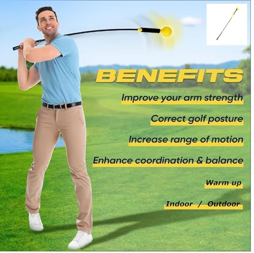 Golf Swing Trainer 47.5 inches, Fiberglass, Yellow color, Aid for Indoors and Outdoors, Practice Speed Training, Warm up, Stick Improved Rhythm, Flexibility, Balance, Tempo and Strength.