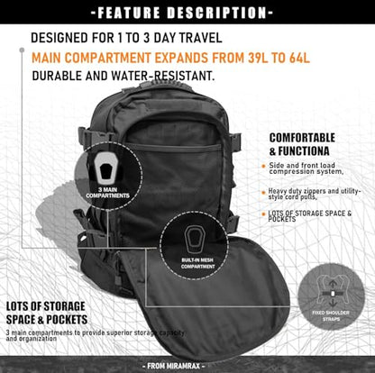 Miramrax Tactical Backpack Military Hiking Daypack - Molle Backpack for Men 3 Day Assault Pack Bug Out Bag for Camping Travel Army Hunting Gym Rucksack Survival (Black) - color: Black