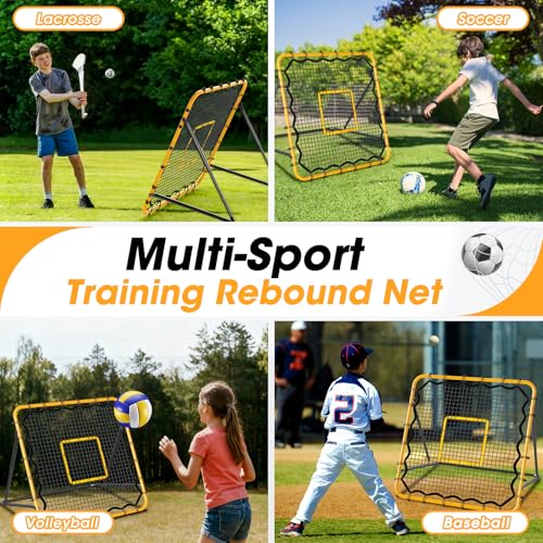 Rebound Net 3.7 x 3.7 FT, Baseball Softball Soccer Volleyball Pitching Rebounder, 5 Adjustable Return Angles, Portable Bounce Back Training Equipment