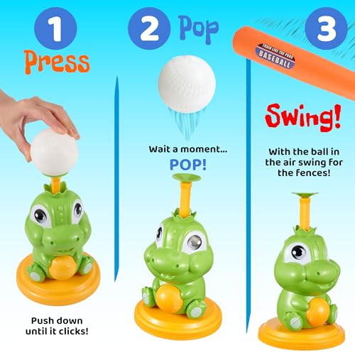 Pop-Up T-Ball Set, Green Dinosaur Tee with Bat and 3 Balls, Indoor Outdoor Baseball Training Toy for Kids Ages 3-8
