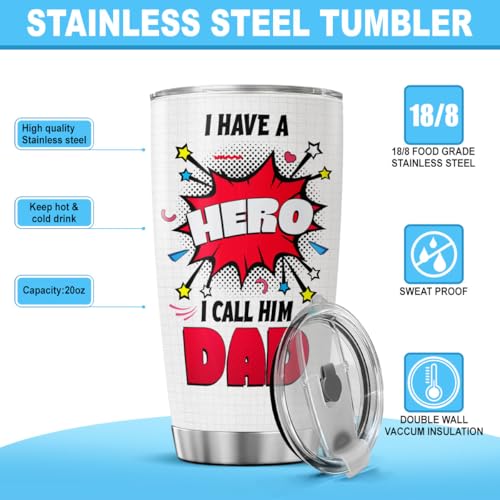 Hero Dad Gift Tumbler for Father's Day, 20oz Stainless Steel Insulated Cup with Superhero Comic Design, Vacuum Double Wall Travel Mug for Dad from Son or Daughter - color: Dad Appreciation A1