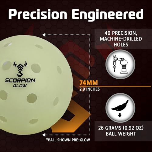 SCORPION 3-Pack Glow in the Dark Pickleballs - True Flight Outdoor Pickle Balls - Bright Sports Balls for Pickleball at Night - Consistent Bounce & Balance, 40 Holes for Precision & Control - 26 Grams