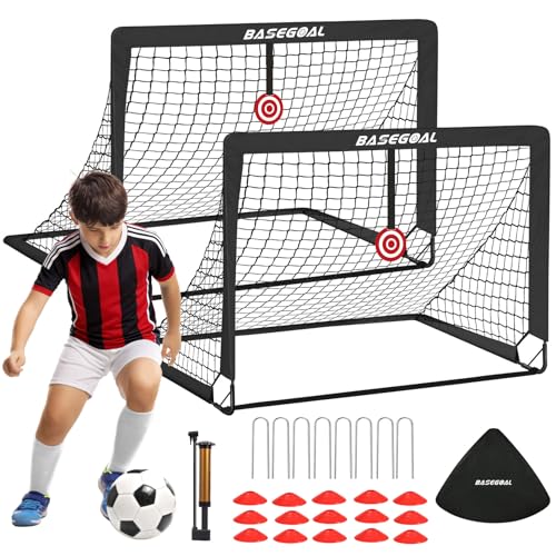 BaseGoal Soccer Goals for Backyard Set of 2, 4x3ft Kids Soccer Goal Portable Pop Up Soccer Net for Kids & Youth, Outdoor Soccer Training Equipment with Soccer Ball, Cones, Targets & Accessories - color: Black