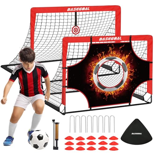 BaseGoal Soccer Goals for Backyard Set of 2, 4x3ft Kids Soccer Goal Portable Pop Up Soccer Net for Kids & Youth, Outdoor Soccer Training Equipment with Soccer Ball, Cones, Targets & Accessories - color: Red Black