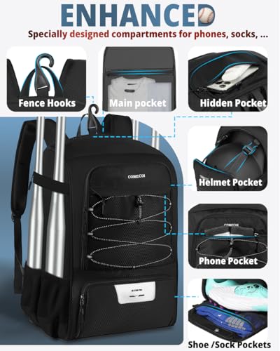 COMECOI Baseball Bag, Baseball Backpack with Helmet Shoes Bag for Youth, Adult, Lightweight Softball Bag with Fence Hook Hold TBall Bat, Baseball Glove, Helmet, Caps, All Gear