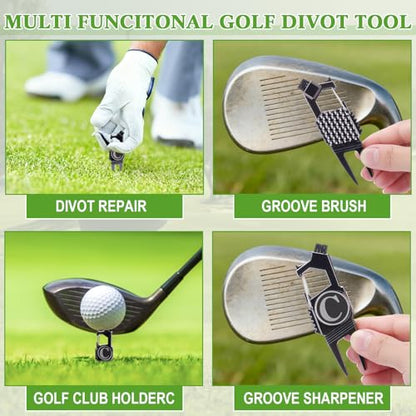 Skylety Golf Divot Repair Tool with Letter Ball Marker 6-in-1 Divot Tool Initials Ball Marker, Club Holder, Brush, Clip Buckle, Groove Cleaner Golf Accessories for Men Father Gifts