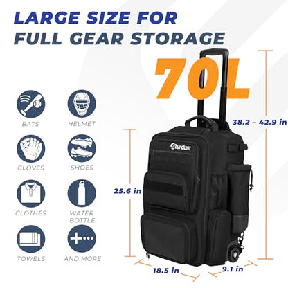 Rolling Baseball Bag with Wheels, 70L Large Capacity Baseball Backpack with Hidden Shoulder Strap, Sturdy Softball Bag with Multi-Pockets, Shoe Compartment, Fence Hooks for Players, Coaches - color: Black