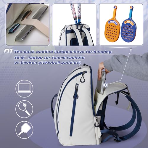 Smasrob Pickleball Bag Fits 4 Pickleball Paddles, Pickleball Backpack with Laptop Pocket, Shoe Compartment and Fence Hook - color: Beige