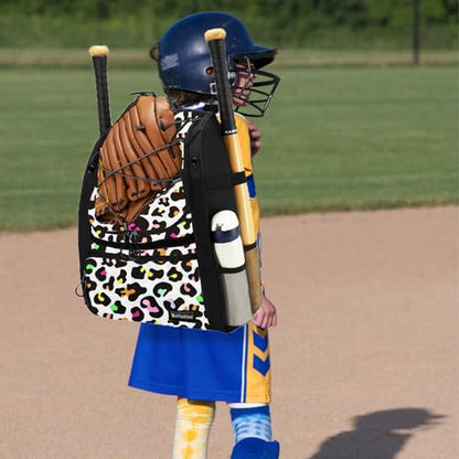 Youth Baseball Bag with Vented Shoe Compartment, Softball Bat Bag for Batting Mitten, Helmet, Teeball Gear - Adult Boys Girls Kids - color: Color Leopard