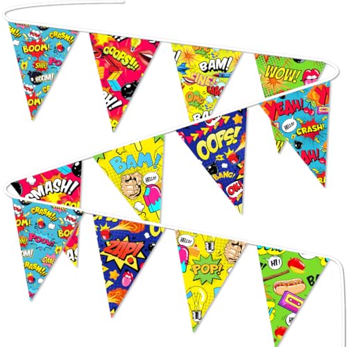 Fabric Pennant Superhero Themed Banner Superhero Party Decorations and Supplies, 12-Piece Vibrant Comic Flags Set, Super-Hero Action Sign Banner for Heros Fans - color: multi-H