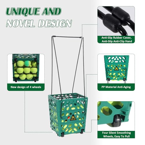 Tennis Ball Basket Tennis Ball Hopper with Wheels - 60 Balls Capacity Lightweight Picker Upper, Hands-Free Ball Retrieval Tool for Training & Court Use