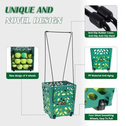 Tennis Ball Basket Tennis Ball Hopper with Wheels - 60 Balls Capacity Lightweight Picker Upper, Hands-Free Ball Retrieval Tool for Training & Court Use