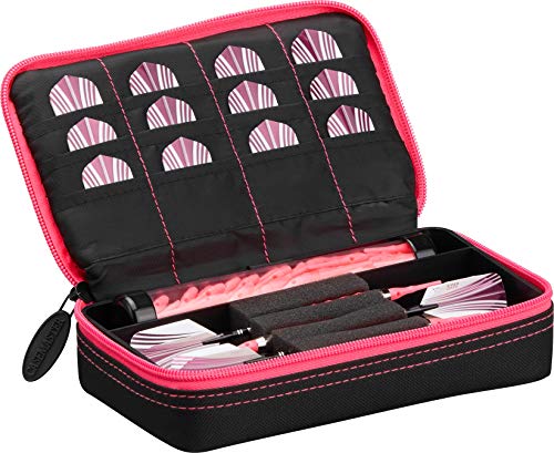Casemaster Plazma Dart Case for Soft and Steel Tip Darts, Holds 3 Darts and Features Built-In Storage Tube and Pockets for Flights, Tips, Shafts, and Personal Items - color: Pink Trim