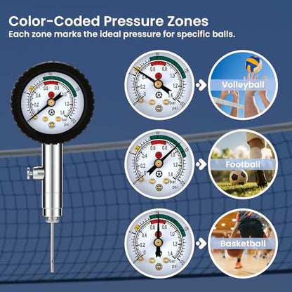 MEASUREMAN Multi-Sport Ball Pressure Gauge with Deflation Button 0-20PSI/0-1.4 Bar & Color-Coded, 3.6x1.8in Lightweight for Soccer, Football, Basketball, Volleyball Pressure Measurement