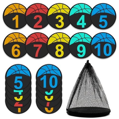 Basketball Training Spot Markers 10 PCS 9 in Colorful Anti-Slip Agility Cones, Round Flat Number Floor Dots, Activity Mats Basketball Accessories for Marker Field with a Carrying Bag
