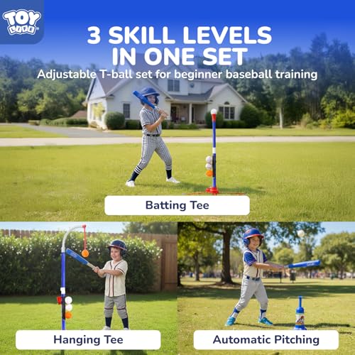 TOY Life 3-in-1 tBall Set for Kids 3-5, Adjustable Toddler T Ball Training Set with Bat, Toddler Baseball Set Semi-Automatic Launcher, Hanging Tee, Soft & Dog Play Balls, Fun Sports Set for Ages 3+