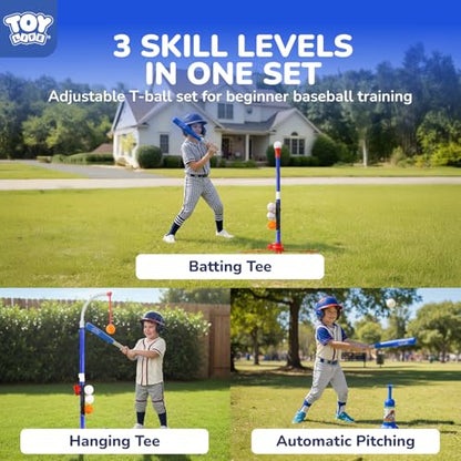 TOY Life 3-in-1 tBall Set for Kids 3-5, Adjustable Toddler T Ball Training Set with Bat, Toddler Baseball Set Semi-Automatic Launcher, Hanging Tee, Soft & Dog Play Balls, Fun Sports Set for Ages 3+