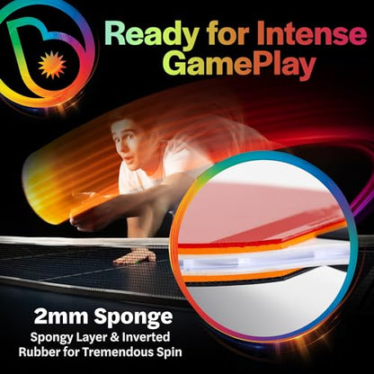 Brightz PaddleBrightz LED Ping Pong Paddle - Electrifies Your Matches! - 6 Solid Color + Color Changing Modes - Premium Sponge & Rubber for Ultimate Control & Spin - Flared Handle for Improved Grip