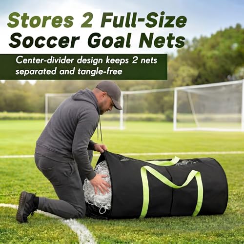 Soccer Net Carry Bag, Holds 2 Full Size Soccer Goal Nets, Storage and Transport Bags with Pockets and Shoulder Carry Straps for Travel 32 x 18 Inch Sports Equipment Accessories