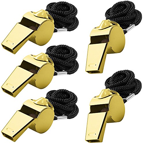 FineGood 5 Packs Stainless Steel Whistle, Metal Warning Whistle with Lanyard for Referee Coaches Football Basketball