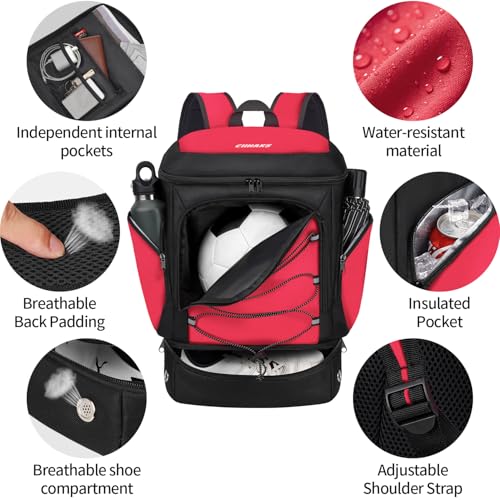Soccer Bag - Soccer Backpack with Ball Holder,Sport Equipment Bags gifts for soccer stuff Water resistant Includes Separate Cleat Fit Basketball Volleyball Football - color: Red