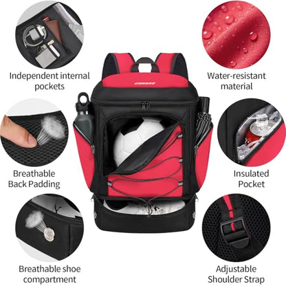 Soccer Bag - Soccer Backpack with Ball Holder,Sport Equipment Bags gifts for soccer stuff Water resistant Includes Separate Cleat Fit Basketball Volleyball Football - color: Red