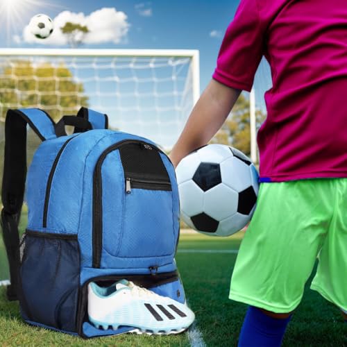 Soccer Bag, Basketball Backpack, Sports Equipment Bag with Shoes and Ball Compartment Holds Sneaks, Helmet, Basketball, Football, Vollyball, Gloves - color: Blue/Black