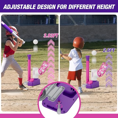 HYES Tball Set for Toddlers 3-5, Tee Ball Set with Step on Pitching Machine/Adjustable Batting Tee/Retractable Baseball Bat/8 Pop Up Balls, Outdoor Sport Toy Games for Kids Girls