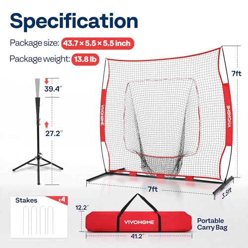 VIVOHOME Baseball Softball Batting Net - 7x7 Ft Baseball Backstop, Softball Practice Net for Hitting, Pitching, Throwing with Batting Tee and Carry Bag - style: 7 x 7 ft Red Net with Tee