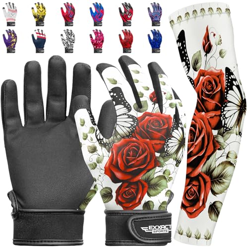 Exxact Sports Youth Batting Gloves with Arm Sleeve for Boys & Girls, Kids Baseball Batting Gloves for Softball, T-Ball - color: RED ROSE, size: Youth Small / Medium
